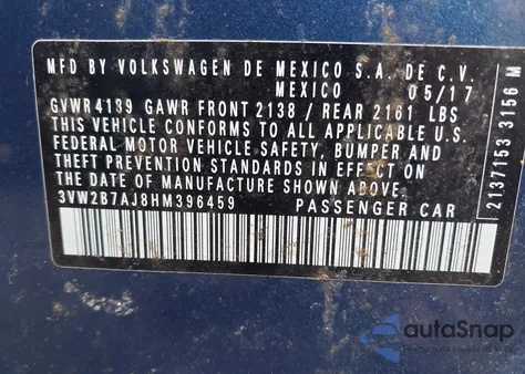 2017 Volkswagen Jetta 1.4T S z USA, uszkodzony, nr VIN 3VW2B7AJ8HM396459